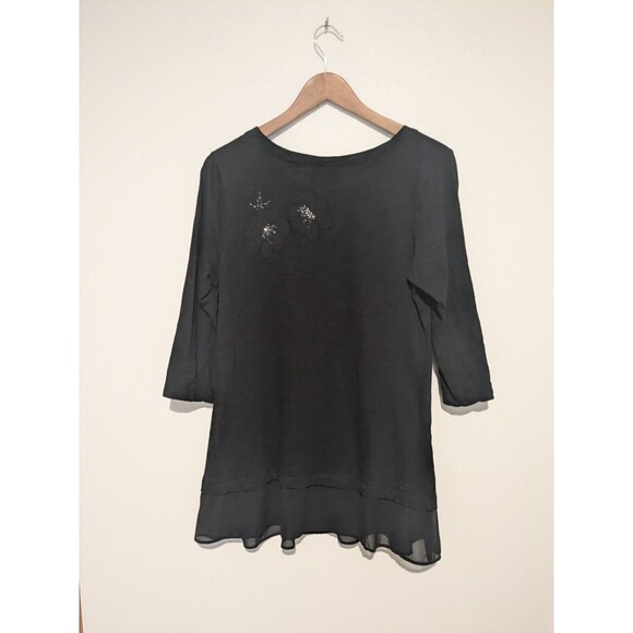LOGO Lori Goldstein Women's Black Embellished Floral Tunic Top S 3/4 Sleeve - Picture 3 of 5